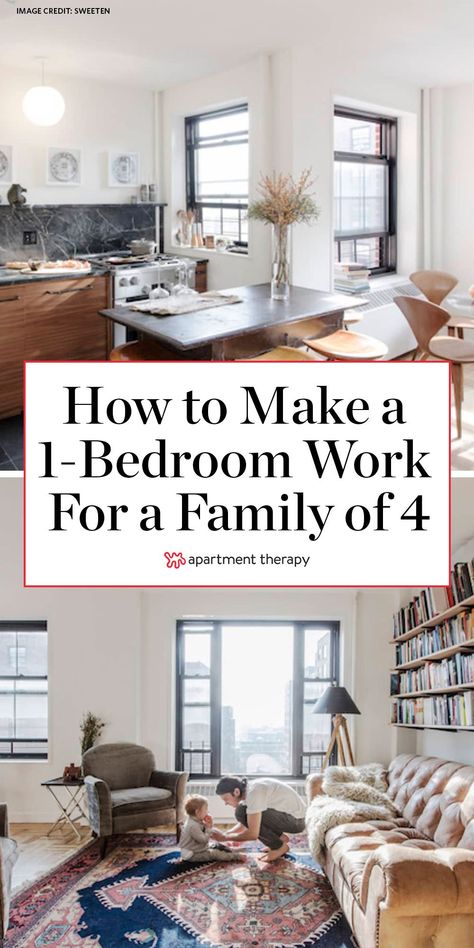 Here's how a family of four makes a one-bedroom NYC rental work for them. #smallspaces #storagehacks #murphybed #smallspacelayout #layoutideas #roomlayout #apartmenthacks One Bedroom For Two People, One Room Efficiency Layout, No Bedroom Apartment, Turning A One Bedroom Apartment Into Two, Small Family Bedroom Ideas, Create A Bedroom In A Living Room, Small 2 Bedroom Apartment Decor, Making A Living Room Into A Bedroom, Apartment Decorating Family