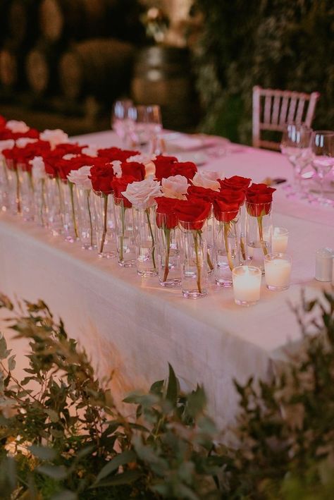 Red Theme Table Setting, Pink And Red Wedding Decorations, Red Roses Table Centerpieces, Red And Rose Wedding, Valentines Day Wedding Decorations, Pink And Red Party Aesthetic, Red And Pink Wedding Table Decor, Valentines Wedding Centerpieces, Red And Pink Table Decor