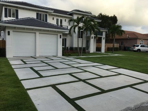 Driveway With Grass In Between, Modern Driveway, Concrete Patio Designs, Driveway Design, Concrete Pad, Driveway Landscaping, Paver Driveway, Concrete Driveways, Modern Backyard