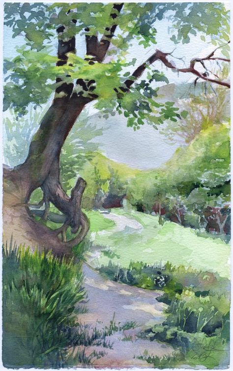 Nature Study Painting Watercolor, Pretty Watercolor Paintings, Watercolor Stream, Painted Trees, Tree Watercolor Painting, Watercolor Nature, Pretty Watercolor, Tree Paintings, Tree Watercolor