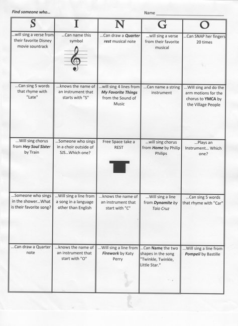 SINGO - This ice breaker game for our middle school choir was inspired by a pin from Christinia Huang. Each girl got a game card and walked around and tried to find girls who would complete the task. (We had several versions with different tasks/songs.) I printed them on 100 lb card stock so they wouldn't need clipboards. Middle School Choir Classroom, Fun Activities For Middle School, Teaching Choir, Choir Classroom, Band Rehearsal, Elementary Choir, Middle School Choir, Choir Room, High School Choir