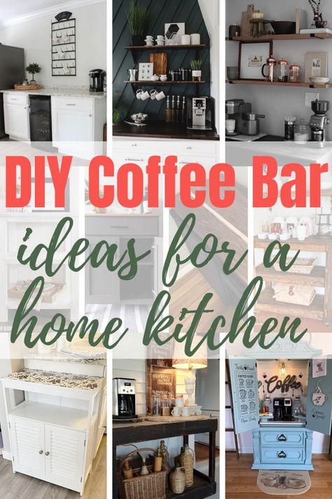 These DIY coffee bar ideas include cabinets and floating shelves, building plans, and ideas for transforming furniture into home coffee bars. Diy Corner Coffee Bar, Coffee Bar Ideas For Home, Cabinets And Floating Shelves, Coffee/wine Bar Ideas, Diy Coffee Bar Table, Bar Ideas For Home, Bar Shelf Ideas, Diy Coffee Bar Ideas, Corner Coffee Bar