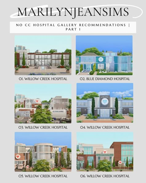 marilynjeansims Sims 4 Hospital, The Sims 4 Skin, Play Sims 4, Tumblr Page, Sims 4 House Building, Play Sims, Sims 4 House Design, Sims Building, Willow Creek