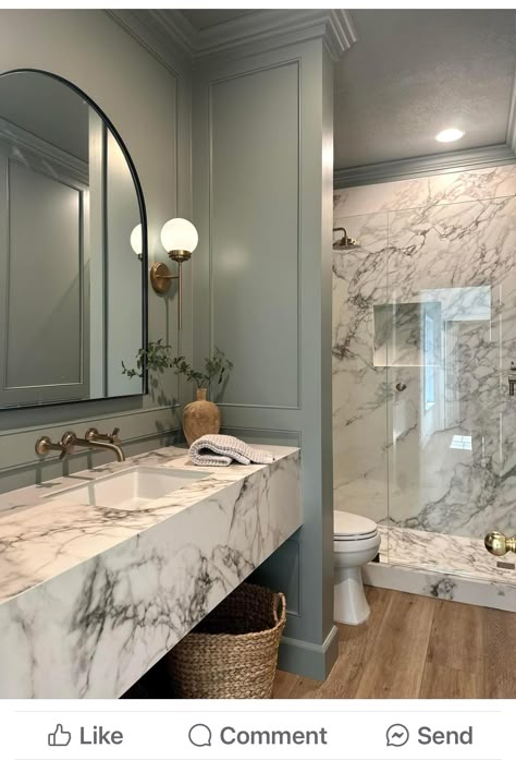 Vanity Separate From Bathroom, Marble Tile Behind Vanity, Becky Owens Design Bathroom, Extra Large Master Bath, White Marble Bathroom With Black Accents, Moody Full Bathroom, Vanity Area In Bathroom, Black Marble Shower Bathroom, Lux Master Bath