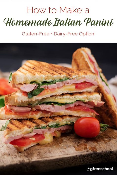 Gluten Free Italian Panini Recipe - Gluten Free School Gluten Free School Lunches, Italian Panini, Gluten Free Granola Recipe, Panini Recipe, Vegetarian Party Food, Vegan Italian Recipes, Gluten Free Italian, Panini Recipes, Gluten Free Appetizers