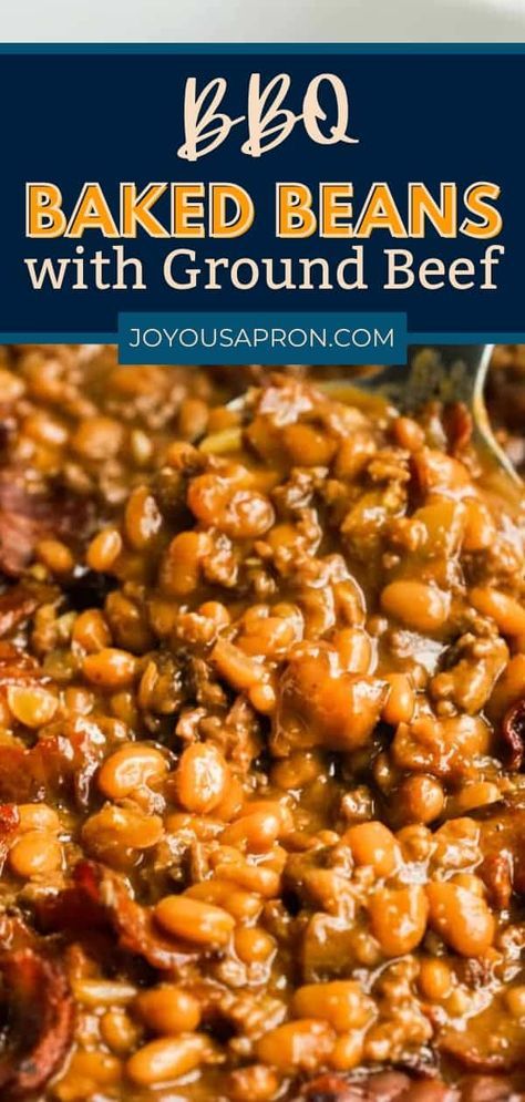 BBQ Baked Beans - easy and yummy bbq baked beans side dish with ground beef and bacon. Cooked first on the stovetop and then baked low and slow in the oven. Great for cookout, grilling and barbecues. Baked Beans On Stovetop, Bbq Beans With Ground Beef, Bbq Baked Beans With Ground Beef, Cowboy Baked Beans With Hamburger, Bake Beans Recipe, Bbq Baked Beans Recipe, Baked Beans With Hamburger, Beans Side Dish, Baked Beans With Ground Beef