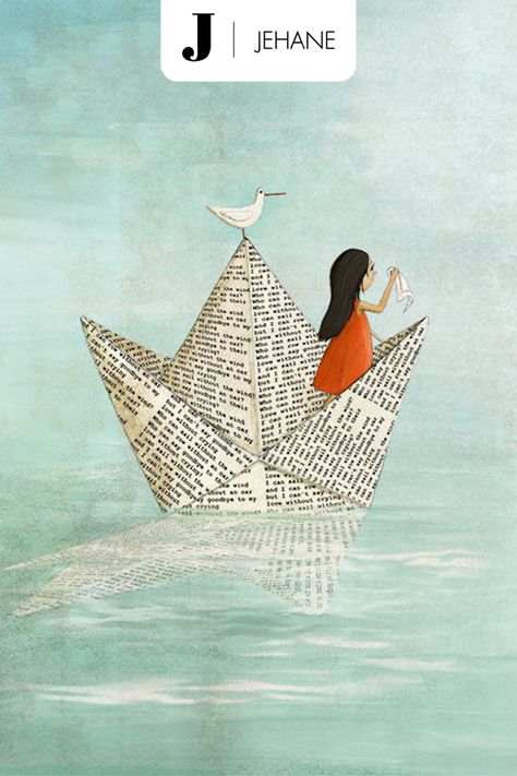 Origami boat dream Book Art Illustration, Children's Book Cover, World Ocean Day, Childrens Book Cover, Sea Drawing, Boat Illustration, Book Art Projects, Boat Drawing, Origami Boat