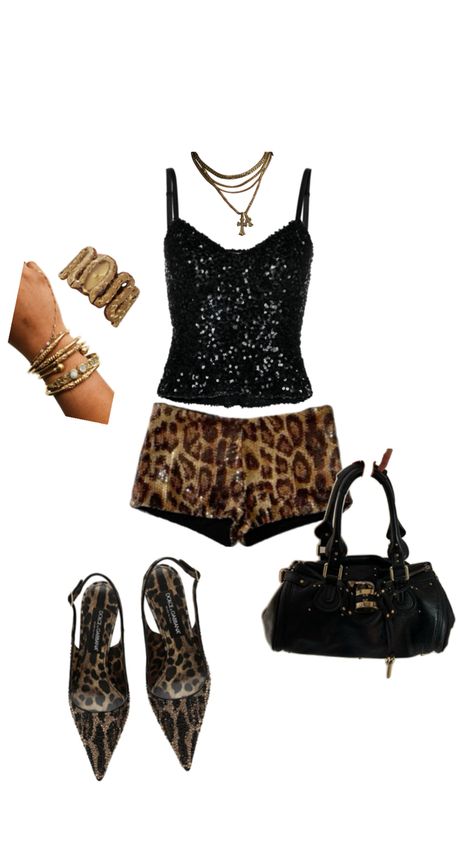 Short leopard print shorts, black sparkly top,golden accessories Sparkly Top Outfit, Print Shorts Outfit, Madrid Outfits, Golden Accessories, New Year’s Eve Outfit, Sparkly Shorts, Leopard Print Outfits, Leopard Shorts, Sparkly Top