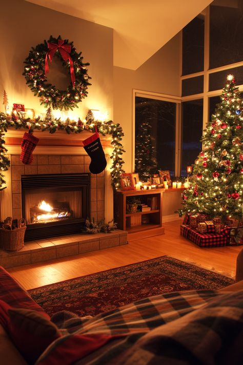 Transform your living space with this charming winter home decor! Featuring a beautifully decorated fireplace, glowing candles, and a twinkling Christmas tree, this setup is perfect for creating a warm, festive atmosphere. #WinterHomeDecor #CozyVibes #HolidayMagic Cozy Xmas Living Rooms, Christmas Fireplace Aesthetic, Sacred Aesthetic, Christmas Cozy Home, Warm Christmas Decor, Christmas Fireplaces, Joy Decorations, Tree Decoration Ideas, Christmas Tree Decorating Ideas