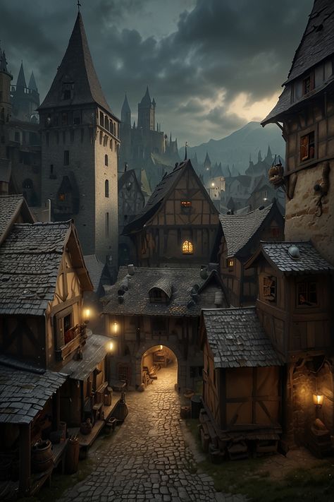 German Fairytale Aesthetic, Nordic Architecture Ancient, Village Aesthetic Medieval, Gaslamp Fantasy Aesthetic, Medieval Fantasy City Art, Medieval Town Aesthetic, Fantasy Town Aesthetic, Dnd City Art, Medieval City Art