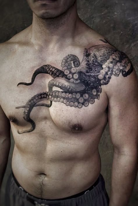 Octopus Tattoos Men, Men Octopus Tattoo, Octopus Chest Tattoo Men, Octopus Tattoo Chest, Kraken Chest Tattoo, Kraken Tattoos, Octopus Man, Men’s Octopus Tattoo, Creepy Octopus Tattoos