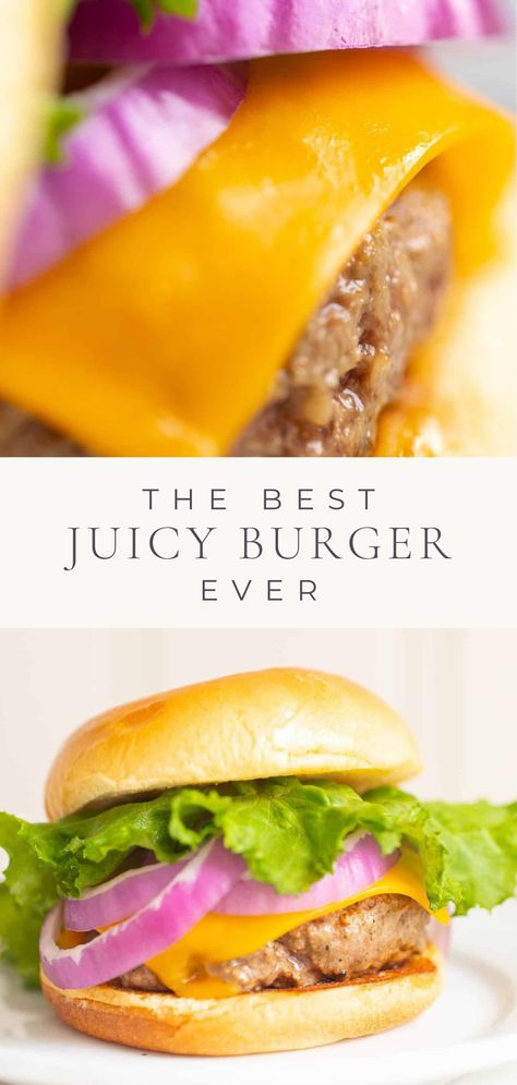 Juiciest Hamburgers Ever, Juicy Burgers On The Stove, Juiciest Burger Recipe, Juicy Cheeseburgers, Best Juicy Burger Recipe, Juicy Burger Recipe, Burger At Home, Burger Side Dishes, Pulled Pork Burger