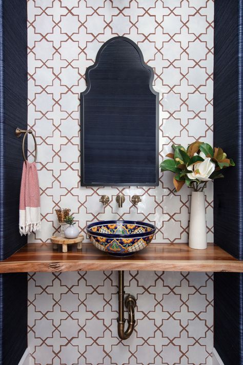 18 Stunning Mediterranean Powder Room Designs For Your Guest Bathroom Moroccan Powder Bathroom, Grecian Bathroom Decor, Mediterranean Half Bathroom, Spanish Modern Powder Room, Moroccan Powder Room Ideas, Spanish Powder Bathroom, Bohemian Powder Room, Spanish Style Powder Room, Powder Room With Toilet