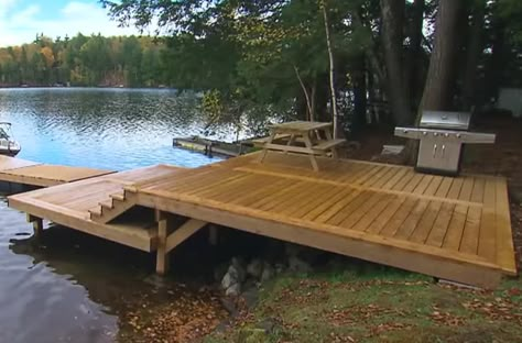 Deck By Water, Small Docks On The Lake Ideas, Waterfront Deck Ideas, Path To Lake Ideas, Lake Decks Ideas, Lake House Docks Ideas, Lakeside Deck Ideas, Small Lake Dock, Lake House Yard Ideas