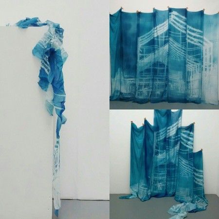 Printmaking Installation, Cyanotype Installation, Cyanotype Art Installation, Cyanotype Sculpture, Cyanotype On Fabric, Cyanotype Fabric, Cyanotype Photography, Shibori Diy, Cyanotype Process