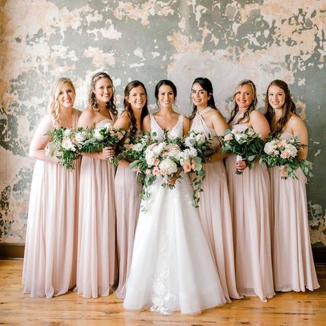 Blush Pink Bridesmaid Dresses Real Weddings | Birdy Grey Lilac Gowns, Color Bridesmaid Dresses, Blush Pink Theme Wedding, Greenery Bouquets, Popular Bridesmaid Dresses, Tuscan Inspired Wedding, Blush Pink Bridesmaids, Blush Pink Bridesmaid Dresses, Pink Wedding Theme