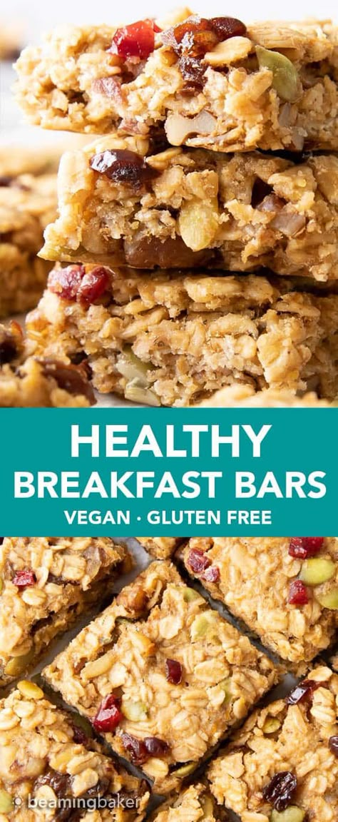 Healthy Breakfast Bars Recipe - Beaming Baker Vegan Oat Breakfast Bars, Clean Oatmeal Bars, Paleo Breakfast Bars Easy, Breakfast Bars Vegan, Breakfast Bar Healthy, Oat Meal Bars Healthy, Clean Breakfast Bars, Rolled Oats Breakfast Bars, Baked Oatmeal Bars Healthy Breakfast Recipes