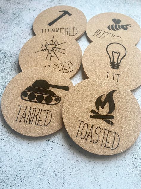 Laser Engraved Wood Coasters, Wood Burn Coasters, Coaster Sayings, Glowforge Crafts, Burnt Cookies, Engraved Wood Coasters, Funny Coaster, Coaster Ideas, Wood Burn Designs