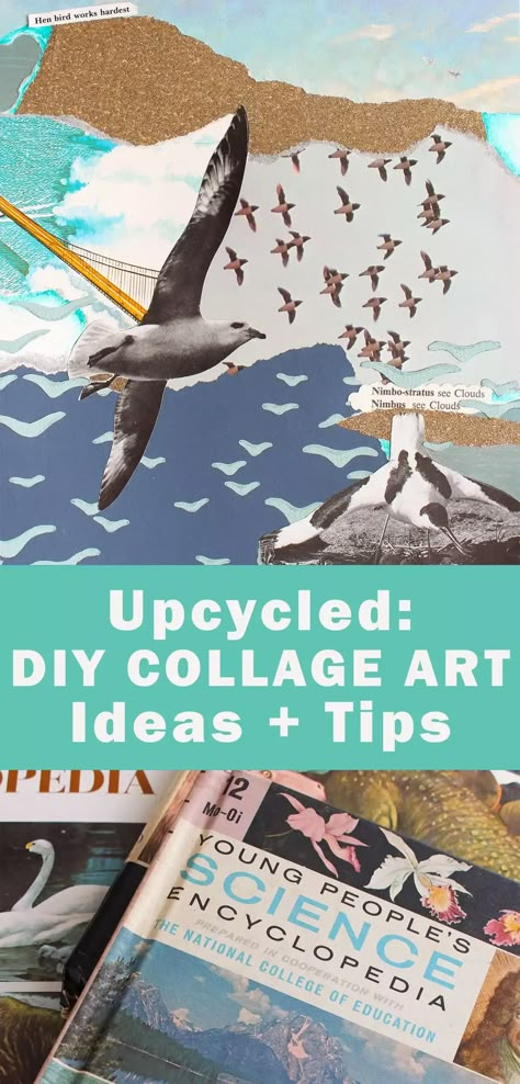 Upcycled: DIY Collage Art Tutorial and DIY Collage Tips. Learn how to collage and get inspired by collage art mixed media inspiration. Collage Art DIY tutorial with DIY Collage Art examples. Upcycled book craft - turn old books into collage art! Modern collage art examples. Collage ideas for beginners. Love the collage aesthetic? Learn this DIY art form and get into making your own DIY art. How To Collage Art, How To Collage, Collage Art Tutorial, Collage Art On Canvas, Creative Collage Ideas, Collage Tips, Upcycled Books Crafts, Upcycling Crafts, Collage Crafts