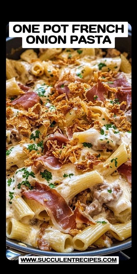 Make dinner extraordinary with this Savory One Pot French Onion Pasta featuring caramelized onions, melty cheese, and crispy prosciutto. Proscuitto Pasta, One Pot French Onion Pasta, Baked Casseroles, French Onion Pasta, Prosciutto Pasta, Onion Pasta, Prosciutto Recipes, Crispy Prosciutto, Savory Foods