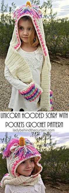 Unicorn Hooded Scarf with Pockets Crochet Pattern | Beautiful Cases For Girls Unicorn Hooded Scarf Free Pattern, Crochet Unicorn Hooded Scarf, Hooded Scarf With Pockets, Crochet Unicorn Hat, Crochet Kids Scarf, Scarf With Pockets, Crochet Unicorn Pattern, Ripple Afghan, Crochet Hooded Scarf