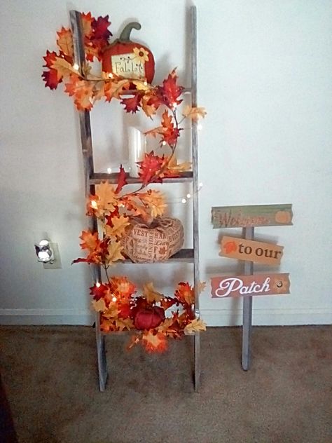 Ladder fall decor 2018 Ladder Fall Decor, Ladder Halloween Decor, Ladder Decor Ideas Living Room, Fall Blanket Ladder Decor, Fall Ladder Decor, Fall Ladder Decor Ideas, Ladder Decor Ideas, Autumn Decorations Indoor, Decor Ladder