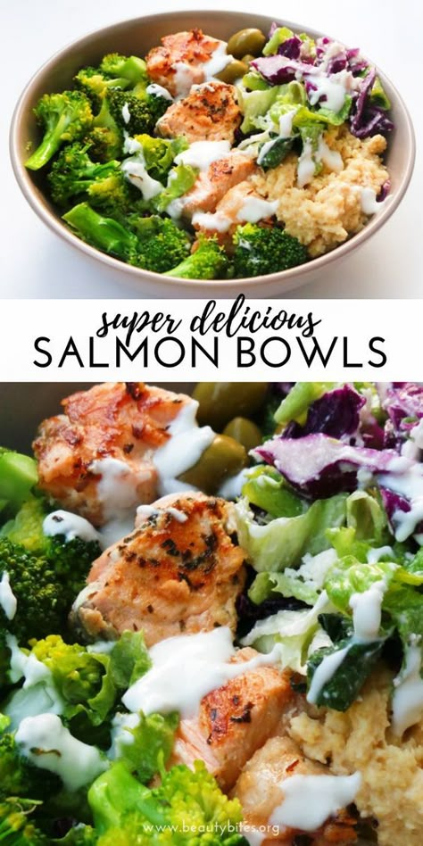 Mediterranean Salmon Bowl - a healthy salmon recipe that is easy, full of flavor, super satisfying and ready in less than 30 minutes! This healthy dinner recipe can easily be made keto and low carb and comes with a meal prep option | clean eating dinner recipe Salmon Bowls, Mediterranean Salmon, Healthy Dinner Recipe, Salmon Bowl, Healthy Salmon Recipes, Clean Eating Recipes For Dinner, Clean Eating For Beginners, Healthy Salmon, Diner Recept