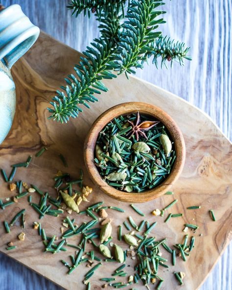 This foraged tea blend uses fir needles and chai spices to create a delicious and festive drink that is also good for respiratory wellness. #firneedle #forest #chai Foraged Tea, Cough Syrup Recipe, Fir Needles, Chai Spices, Herbal Medicine Recipes, Dried Orange Peel, Healing Tea, Chai Recipe, Cinnamon Chips