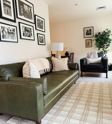 Green and leather = 100% yes. This sofa we used in my dad’s new place was perfect against all his black and white photography. An inside tip for a good leather sofa-deep seats. Your leather and cushions will wear better. Shallow causes wear and sinking of cushions in the front. Green Leather Sofa, Best Leather Sofa, Leather Sofa Living Room, New Place, Sofa Living, Boho Living Room, Cabin Decor, My Dad, Green Leather