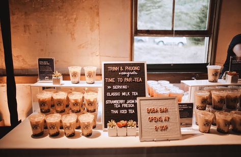 Boba Tea Bar Wedding, Boba At Wedding, Wedding Bubble Tea Bar, Boba Bar Party, Wedding Boba Bar, Boba Bar Wedding, Wedding Boba, Boba Station, Sausalito Wedding