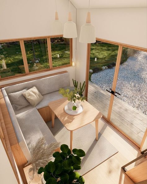 Tiny Beach House Interior, 1 Bedroom Tiny House, Japandi House, Tiny Beach House, Tiny House Living Room, Tiny Loft, Tiny House Bedroom, Nordic House, Tiny House Loft