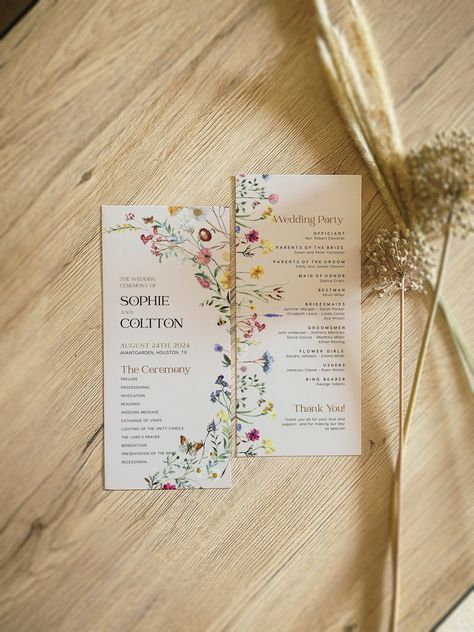 Wedding Ceremony ProigraM template - wILDFLOWER bEIGE 💻 DEMO LINK (try it before purchase): https://templett.com/design/demo/visual/18502417 Ⓜ️ MATCHING TEMPLATES: https://www.etsy.com/shop/LovelyTemplatesCo?search_query=amara 📦WHAT IS INCLUDED: Boho wedding program template Sizes included: 4x9 inches - double-sided ❤️ WHERE TO PRINT? My shop has partnered with Prints of Love to offer fast, high-quality yet affordable printing plus FREE 2-3 day U.S. shipping and a 10% discount! ❤️Use this link Wedding Ceremony Cards Program, Floral Wedding Program, Vintage Wedding Programs, Wedding Programs Ideas, Wedding Pamphlet, Boho Wedding Ceremony Decor, Boho Wedding Program, Wedding Program Ideas, Wedding Program Examples