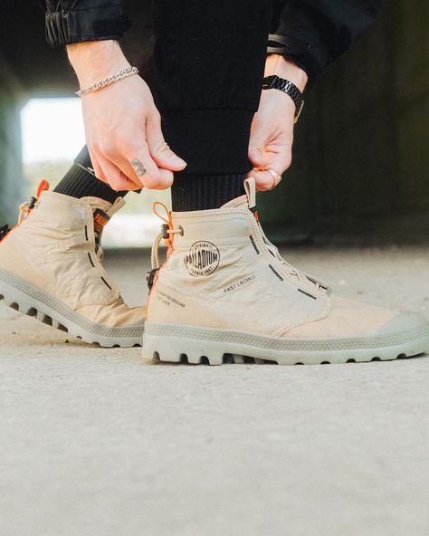 Palladium Boots’s Instagram profile post: “We're back with @tylerpalmerfilmmaker to put our new Pampa Travel Lite to the test! Last year we could only dream, this year let’s make it…” Palladium Boots Outfit, Palladium Boots Mens, Camping Boots, Palladium Boots, Food Logo Design, Food Logo, We're Back, Logo Food, Men's Bags