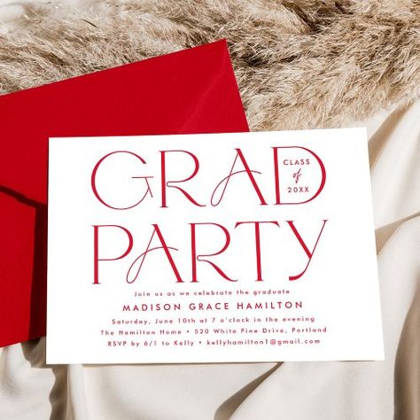 $2.93 | Modern Typography Red Graduation Party #graduation party, modern, typography, high school, college, graduate, bold, simple, red, class of 2024 Red Graduation Party, Grad Party Invites, Graduation Party Invites, Pink Graduation Party, Grad Party Theme, College Grad Party, Grad Party Invitations, Graduation Templates, College Graduates