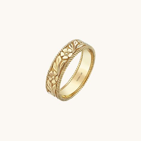 Discover the delicate blend of timeless charm and feminine elegance with 14k solid gold Vintage Flower Band Ring. Perfect for bold statement stacks. Thick Gold Wedding Band, Unique Gold Wedding Bands, Gold Engagement Band, Gold Ring Women, Crazy Pants, Floral Wedding Bands, Rings Elegant, Dainty Wedding Band, Antique Wedding Bands