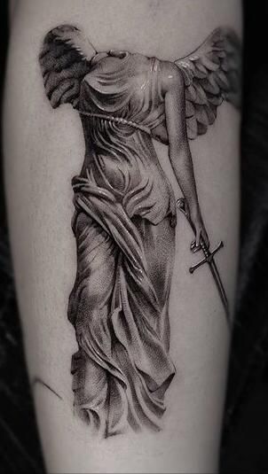 Gothic Statue Tattoo, Female Sculpture Tattoo, Greek Body Tattoo, Women Greek Tattoos, Angel Back Piece Tattoo, Roman Gothic Tattoo, Veiled Woman Tattoo, Feminine Greek Tattoo, Classic Art Tattoo Paintings