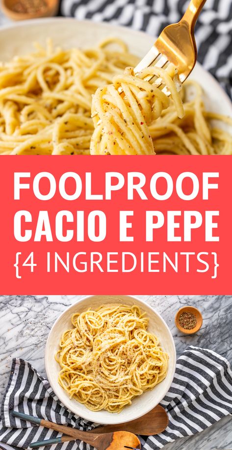 Foolproof Cacio e Pepe Pasta In Under 30 Minutes -- If you love simple and easy pasta dishes, this cacio e pepe recipe is totally for you! This silky and creamy pasta is made with just spaghetti noodles, cheese, lots and lots of black pepper, plus one secret ingredient that makes it foolproof every time... | easy cacio e pepe | best cacio e pepe recipe | spaghetti cacio e pepe #pasta #pastasauce #pastarecipes #cacioepepe #easyrecipe #cacio #4ingredients #spaghetti #spaghettirecipe Simple Recipes With Spaghetti Noodles, Simple Spaghetti Noodle Recipes, Black Pepper Noodles, Simple Noodle Dishes, Black Pepper Pasta, Pepper Spaghetti, Wheat Pasta Recipes, Wheat Pasta, Easy Pasta Dishes