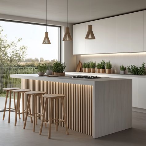 Contemporary Scandi-inspired kitchen concept, where White Oak Nord Slat panels create a light and inviting island feature. Nature outside, beauty inside. 🍃   #scandinaviandiningroom #cozydining #cozyvibes #wallpanels #wallpanelling #interiordesign #modernspace #contemporaryhomedesign #modernhomedecor #walnutwood #NordSlat #WoodSlatWallPanels #DesignInspiration #HomeDecor  #relaxation #quaintmodernroom #homeimprovement #DIY Natural Oak And White Kitchen, Wood Panels In Kitchen, Wood Paneling Island, Wood Panels Kitchen Island, Oak And White Kitchen Modern, Scandi Kitchen Island, Kitchen Fluted Panel, Wood Panelled Kitchen, Kitchen Island Front Panel Ideas