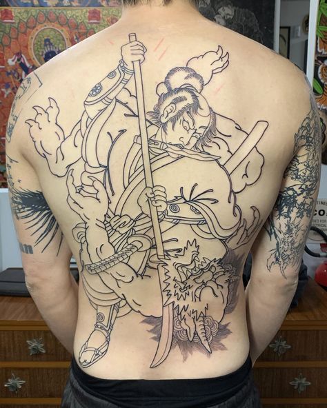 Samurai Back Piece Tattoo, Samurai Patchwork Tattoo, Irezumi Back Piece, Oni Mask Tattoo Back, Japan Back Tattoo, Wu Kong Tattoo, Oni Back Tattoo, Traditional Japanese Back Tattoo, Traditional Samurai Tattoo