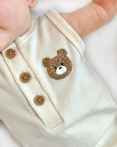 Summer embroidery inspo ➡️ What summer projects are on your list? #embroidery #handembroidery #embroideredclothing #embroidered #babyclothes #craftymom #diycrafts Teddy Bear Hand Embroidery, Onsie Embroidery Ideas, Cute Bear Embroidery, Embroidered Teddy Bear, Embroidery For Boys Clothes, Embroidery On Kids Clothes, Embroider Baby Clothes, Baby Clothes Embroidery Ideas, Embroidery Boys Ideas