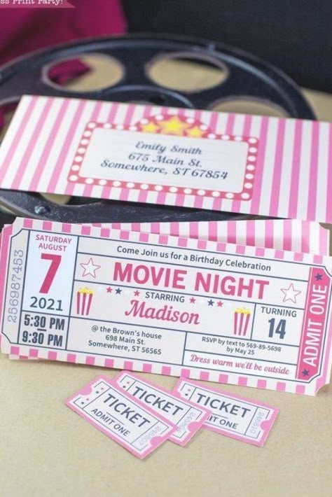 Outdoor Movie Birthday, Movie Ticket Birthday Invitations, Movie Night Party Ideas, Movie Night Tickets, Movie Ticket Invitations, Birthday Movie Night, Night Party Ideas, Diy Movie Night, Movie Night Birthday