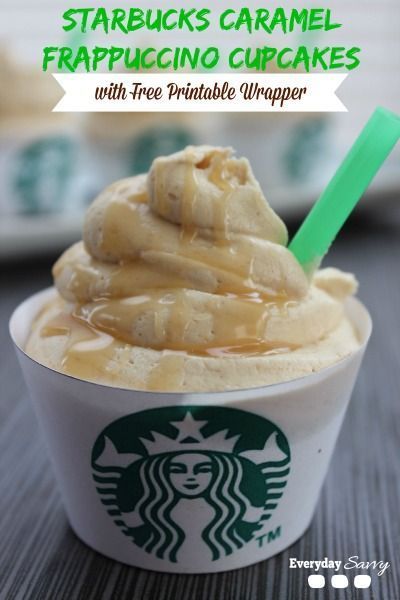 Yummy Starbucks Frappuccino Cupcake recipe with free printable wrapper. So cute and easy! Frappuccino Cupcakes, Starbucks Cupcakes, Starbucks Caramel Frappuccino, Caramel Frappuccino, Starbucks Caramel, Coffee Cupcakes, Cupcakes Recipe, Bake Desserts, Köstliche Desserts