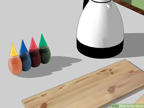 5 Ways to Dye Wood - wikiHow Staining Wood With Food Coloring, Wood Dye Diy, Food Coloring Wood Stain, Dye Wood With Food Coloring, Vinegar Stain Wood, Homemade Wood Stains, Vinegar Stain, Painted Wood Crafts, Spray Paint Wood