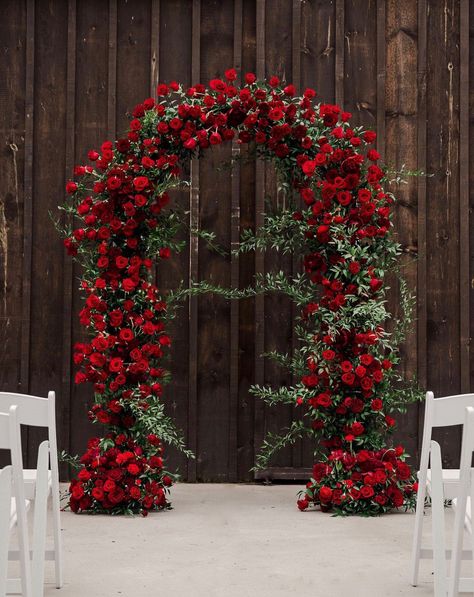 Rose Ceremony Backdrop, All Red Roses Wedding, Rose Walkway Wedding, Red Cream Wedding Theme, Red White Decorations Wedding, Red Rose Flower Arrangements Wedding, Red Roses And Diamonds, Wedding Dresses With Red Roses, Wedding Arch With Red Roses