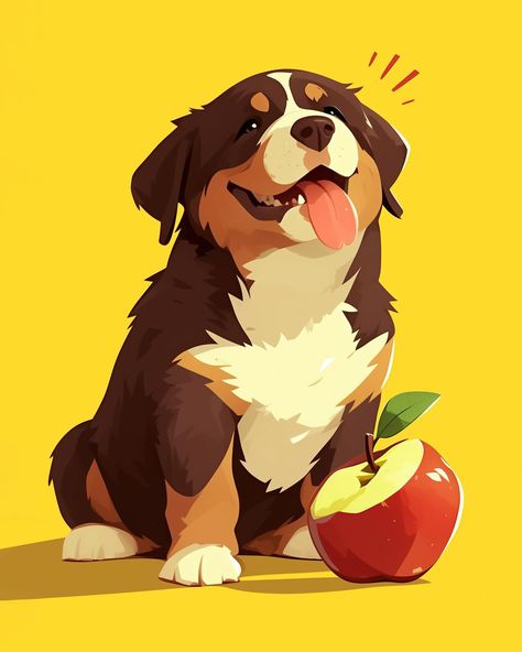 Bernhard and the Mountain Apples 🍎🐶 Bernhard, the charming Bernese Mountain Dog, adored the mountains. One sunny autumn day, he trekked to his favorite spot - a picturesque apple tree on the mountain peak. ⛰️ He found the perfect red apple, plucked it with a happy bark, and savored its taste. 🐾🍎 Our new illustration captures this delightful moment of Bernhard with his apple. It‘s sure to bring a smile to your face and remind you of nature‘s beauty! Bernhard the Bernese Mountain Dog - Ecxl... Bernese Mountain Dog Illustration, Bernese Mountain Dog Drawing, Dog Mural, Burmese Mountain Dogs, Mountain Animals, Dog Drawing Tutorial, Dog Mountain, Sunny Autumn Day, Drawing Dogs