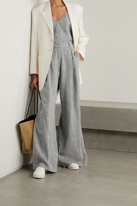 Grey Linen Pants Outfit, Jacquemus Blazer, Linen Camisole, Linen Pants Outfit, Designer Leggings, Laura Lombardi, Luxury Women Fashion, Wide Leg Linen Pants, Leggings Design