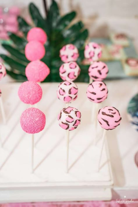 Animal Party Cake Pops, Safari Barbie Birthday Party, Two Wild Candy Table, Pink Safari Cake Pops, Pink Jungle Birthday Party, Pink Cheetah Birthday Party Ideas, Pink Two Wild Party, Barbie Safari Party, Pink Safari Birthday Party Cake