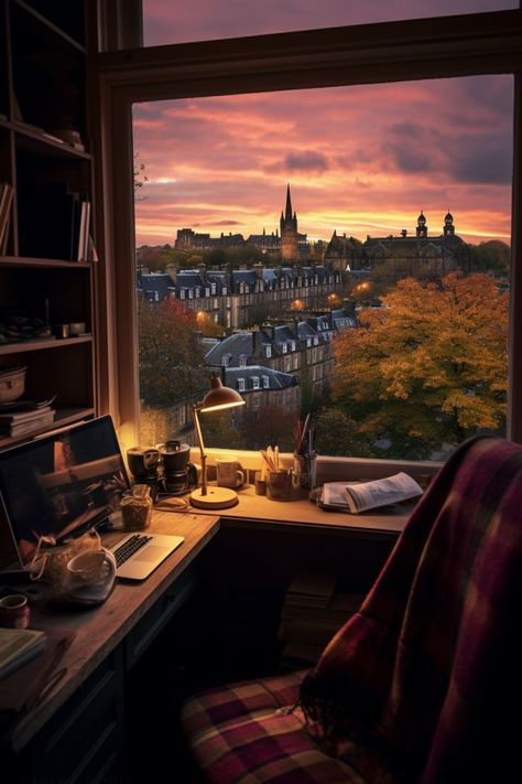 Fall-themed home office with panoramic Edinburgh city and Highland view. Writer Home Office, Edinburgh House Interior, Authors Office, Edinburgh Home, Writer Apartment, Desk With City View, City View Apartment Wallpaper, Edinburgh Flat Aesthetic, Writer Desk