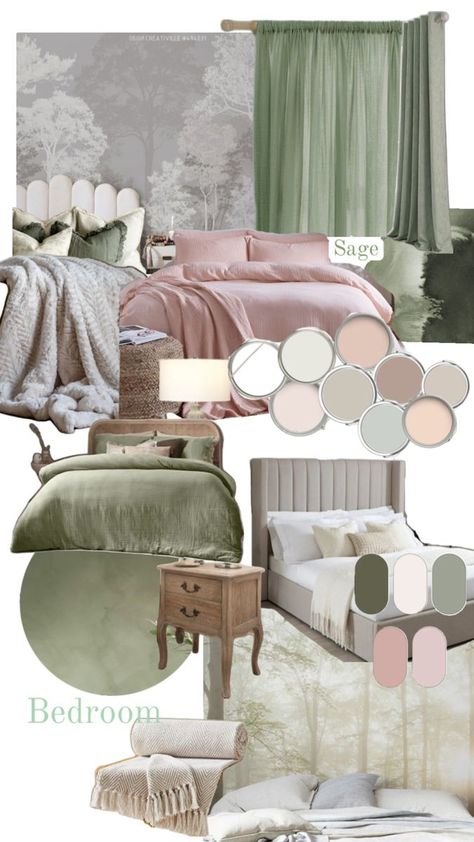 Sage Green And Pink Comforter, Hunter Green And Pink Bedroom, Mint Green Pink And Grey Bedroom, Sage And Salmon Bedroom, Light Pink Bedrooms Aesthetic, Sage Cream Bedroom, Sage And Dusty Rose Bedroom, Sage Green And Mauve Bedroom, Grey And Sage Bedroom Ideas