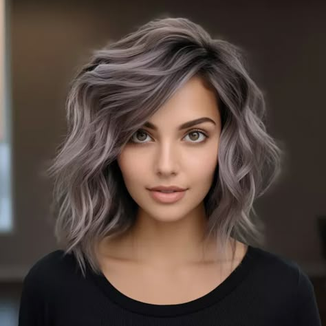 Granite Gray Panel Highlights Dark Hair Over 40, Hair Color Ideas For Brunettes For Summer Balayage Highlights Short, Hair Color For Older Women Over 50, Grey Toned Hair, Smoky Grey Hair, Grey Hair Blending Ideas, Haircolor 2024 Women, Gray Hair Ideas, Lavender Grey Hair